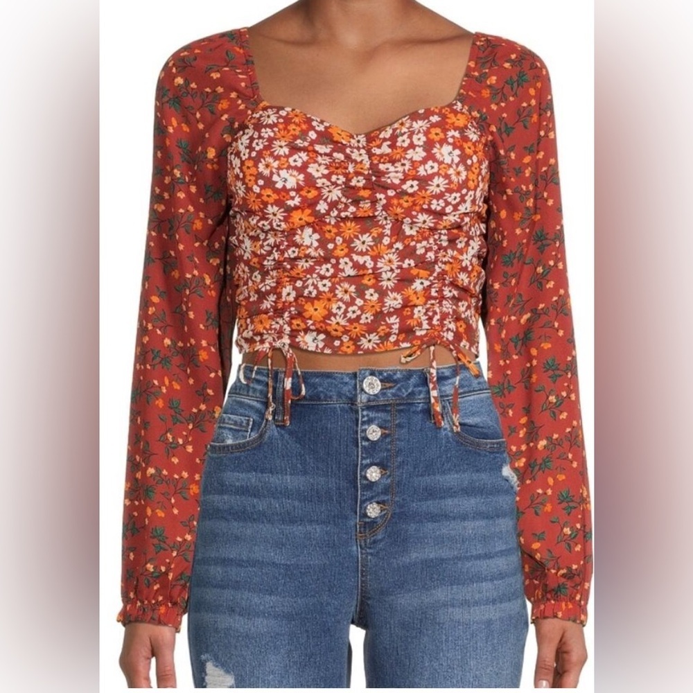 Madden NYC Junior's Shirred Print Peasant Top Size XL  Red Orange